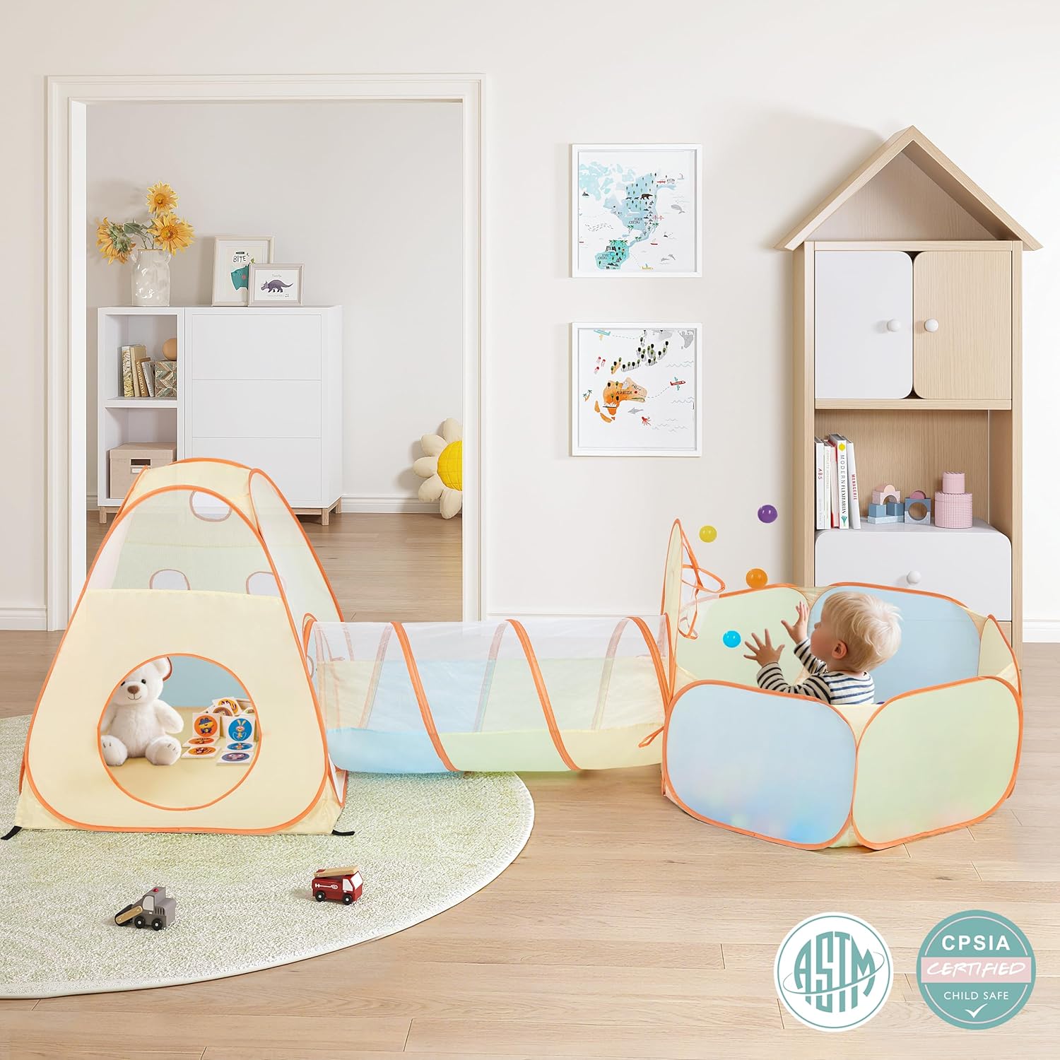 3-in-1 Pop Up Play Tent with Ball Pit Built-in Target Toss & Ball Hole | Baby Ball Pit, Tunnel Toys for Toddlers 1-3