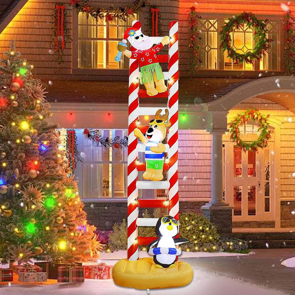 10FT Christmas Inflatable, Hawaii Beach Themed Giant Ladder | Lighted Blowups, Climbed with Penguin, Reindeer, Santa