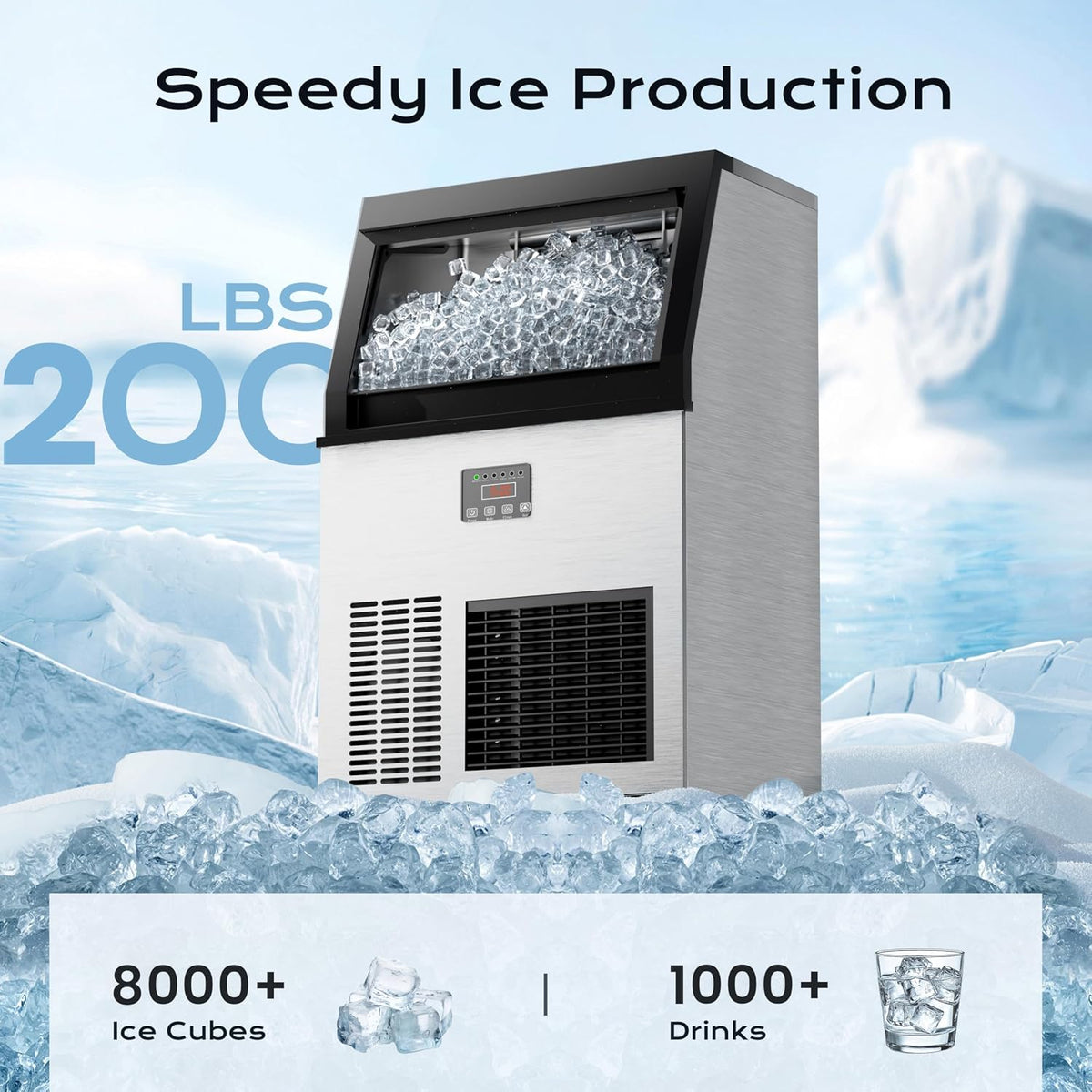 Commercial Ice Maker Machine 200lbs/24H, Air Cooled Under Counter Ice Maker with 50lbs Ice Storage, Stainless Steel