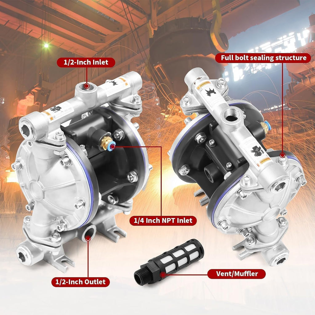 Nakkaa SS Pneumatic Double Diaphragm Pump 8.8GPM 1/2" In/Out Max 120PSI
