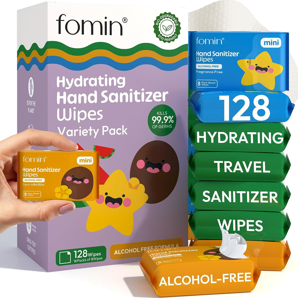Mini Hand Sanitizer Wipes 16 Pack (8 Count) - Variety Pack Mini Wet Wipe - pH Balanced, Biodegradable On The Go Hand