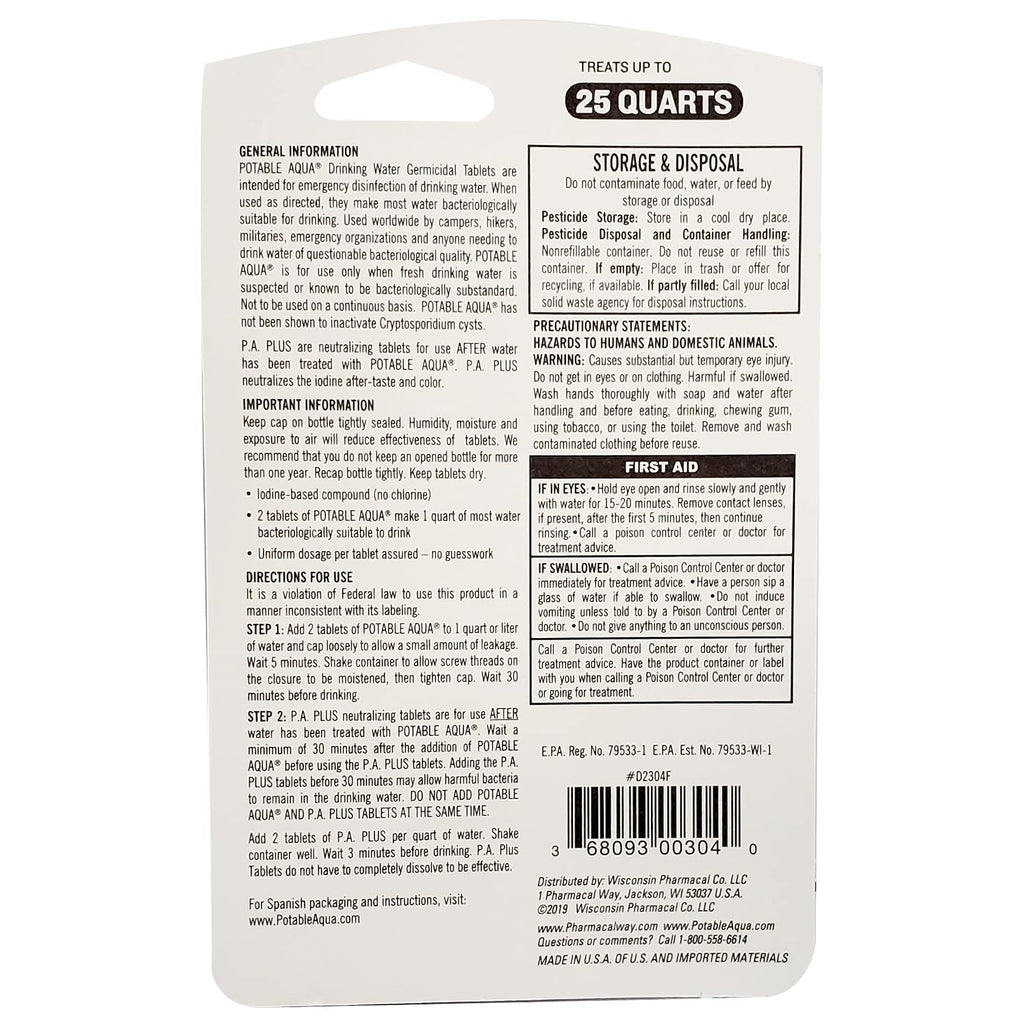Water Purification Tablets With PA Plus - Two 50 count Bottles