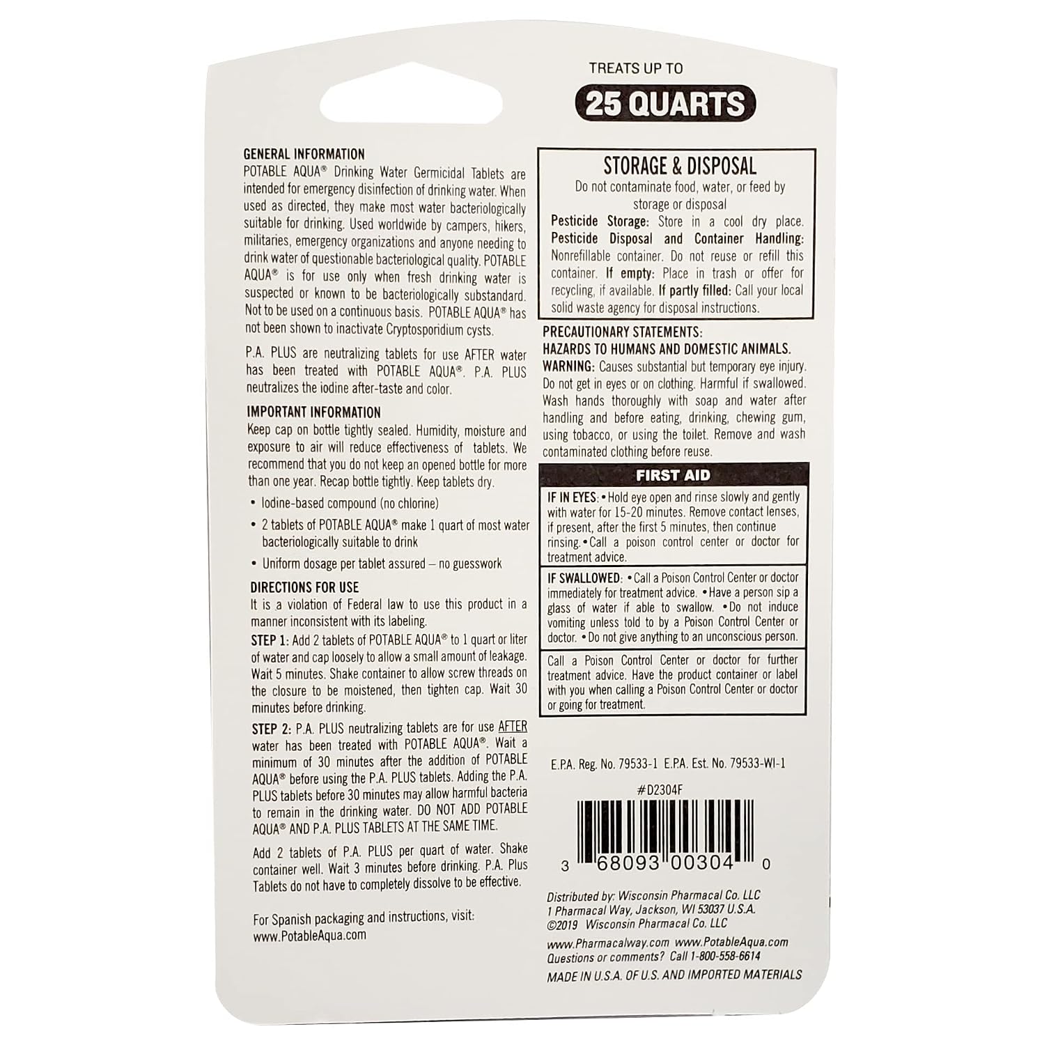 Water Purification Tablets With PA Plus - Two 50 count Bottles