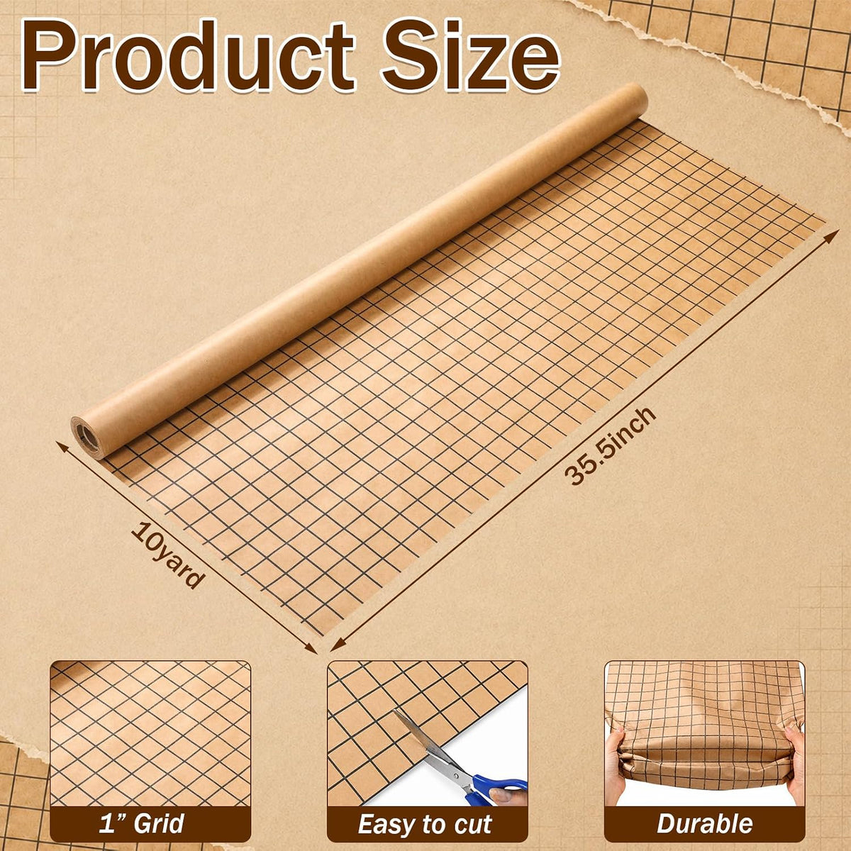 36'' x 30 ft Brown Kraft Wrapping Paper Roll with 1'' Grid