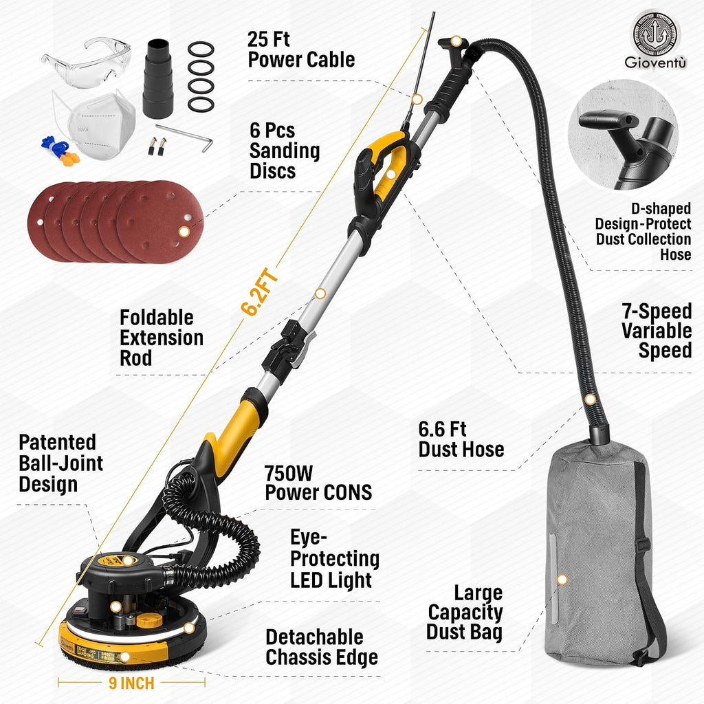 Electric Drywall Vacuum Sander, 750W&NSK Bearing, Dustless for Ceiling&Wall | 95.5% Dust Collection, Variable Speed
