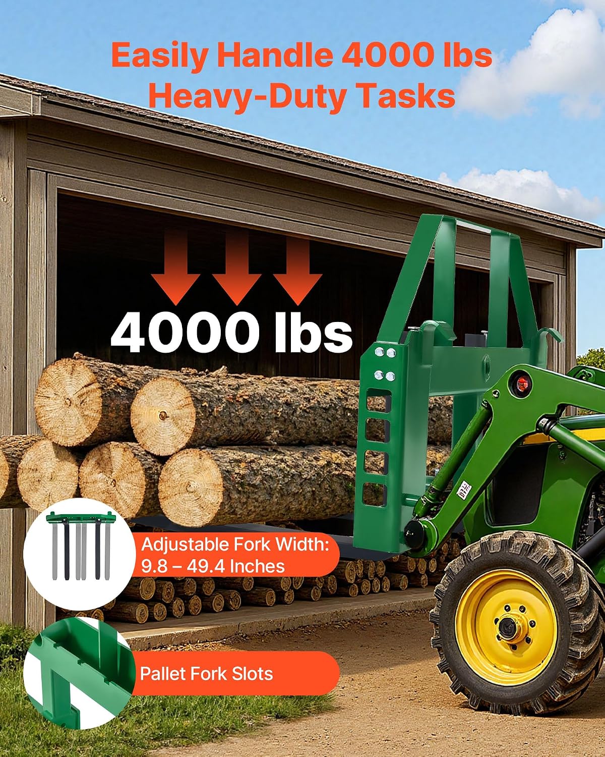 Skid Steer Pallet Forks, 50" Pallet Fork Frame with 48" Fork Blades, 2-inch Hitch Receiver & Spear Sleeves, Rated