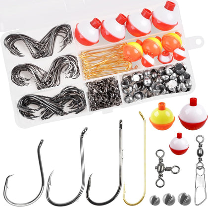 Fishing Tackle Kit Beginners Equipment, 200pcs Fishing Bobbers Hooks and Sinkers Swivels Snaps Set Kids Tackle Box