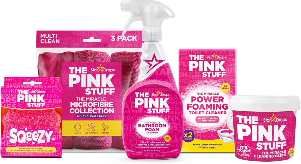 The Pink Stuff Bathroom Cleaning Kit – Cleaning Paste, Bathroom Foam Spray, Toilet Foaming Powder, SQeeZY Sponge & 3