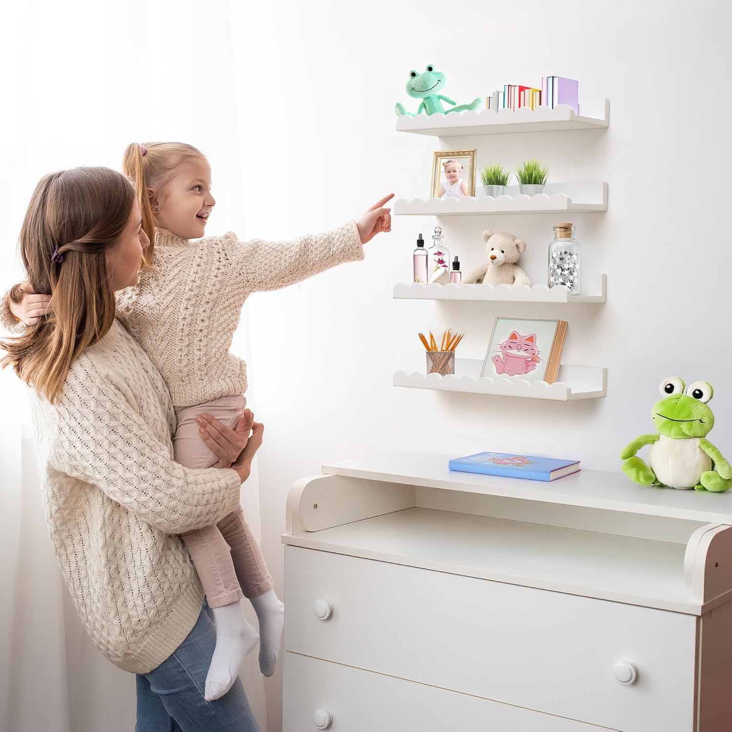 Scalloped Shelves - Set of 4 Pre-Assembled 15.6inch White Floating Nursery Book Shelves, Scalloped Book Shelf for