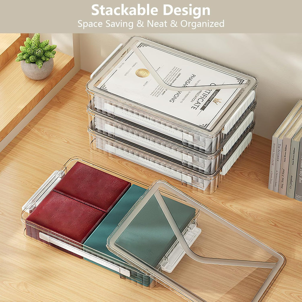Clear File Storage Box Portable Project Case with Handle Plastic Storage Container with Lid Stackable Flat Storage