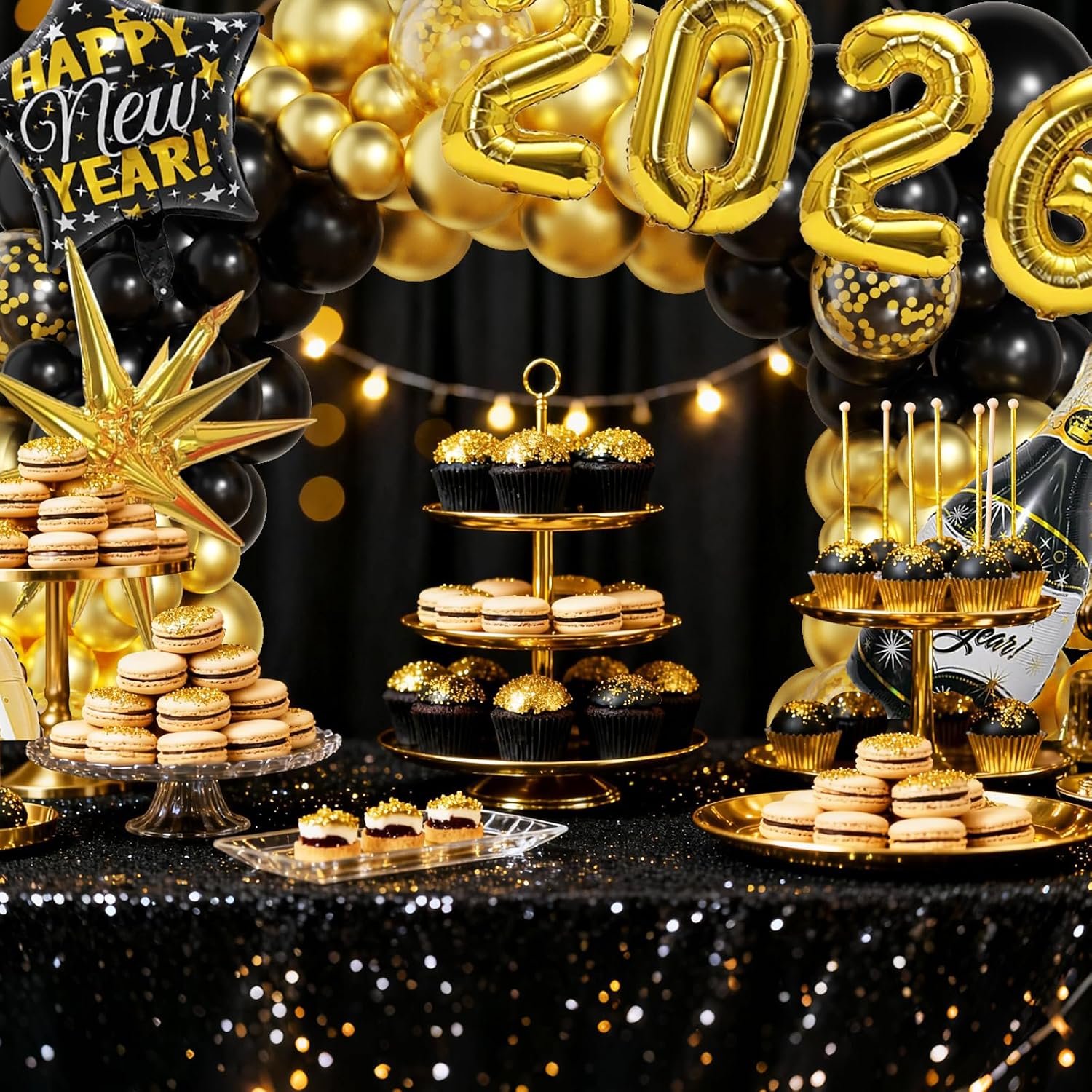 New Years Decorations 2026, New Year Balloon Arch with Black Gold Confetti 2026 Balloons for Eve Party Supplies Nye