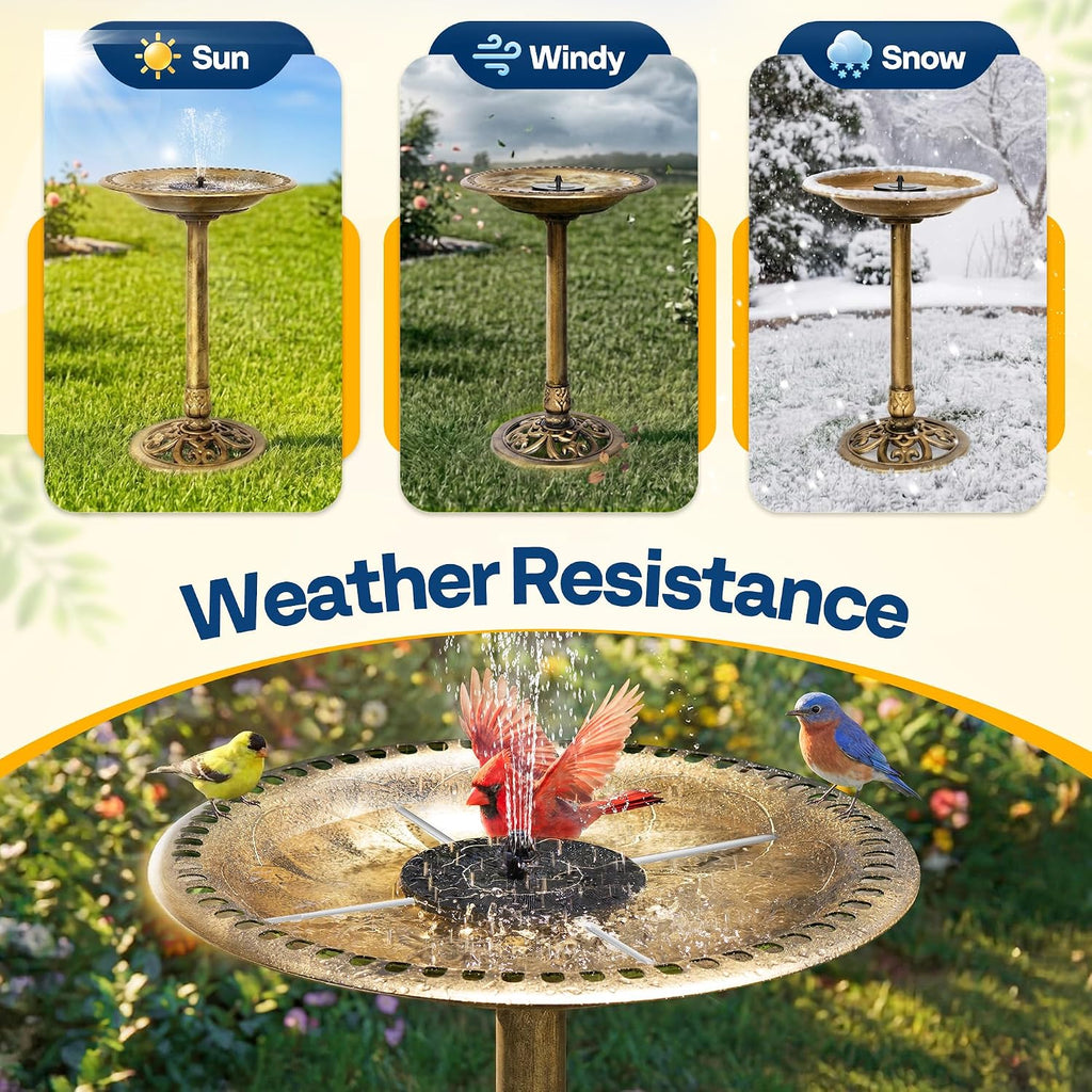 Bird Bath with Solar Fountain for Outside, Pedestal, Golden