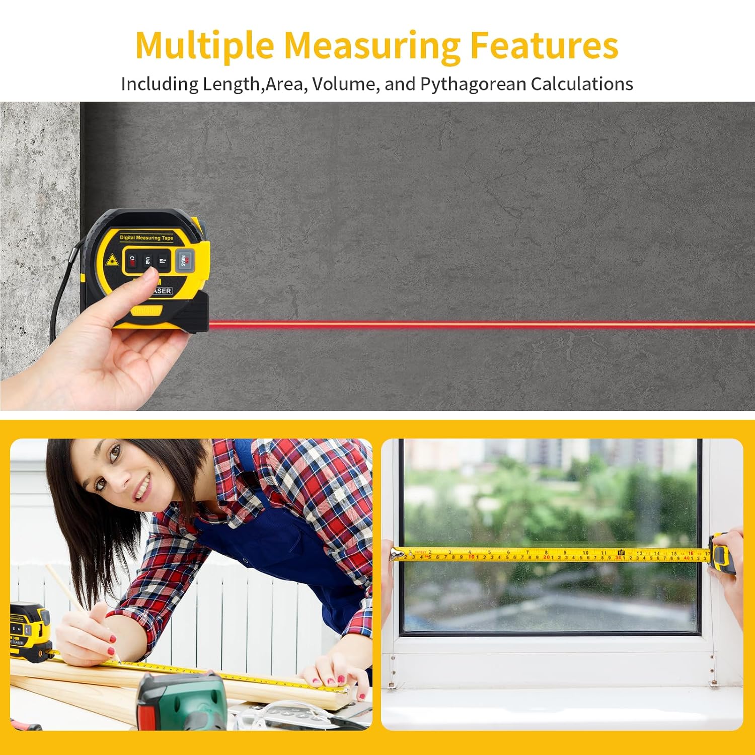 5m/16ft Digital Laser Tape Measure, WTWD 100m/328ft Laser Distance Measure with Cross-Line Laser Level, Area/Volume