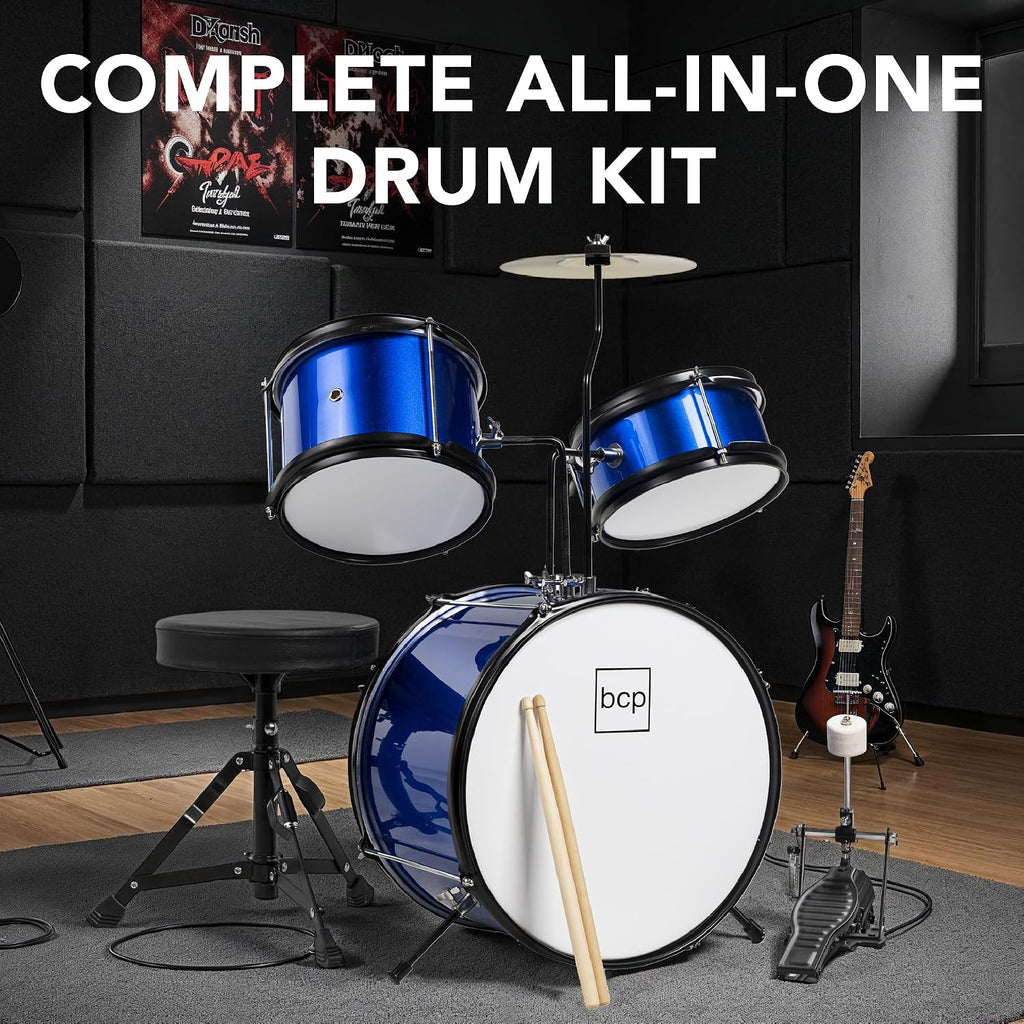 3-Piece Beginner Drum Set for Kids Juniors, w/Throne Stool, Cymbal, Drum Sticks, Bass Drum Pedal, 2 Toms - Blue