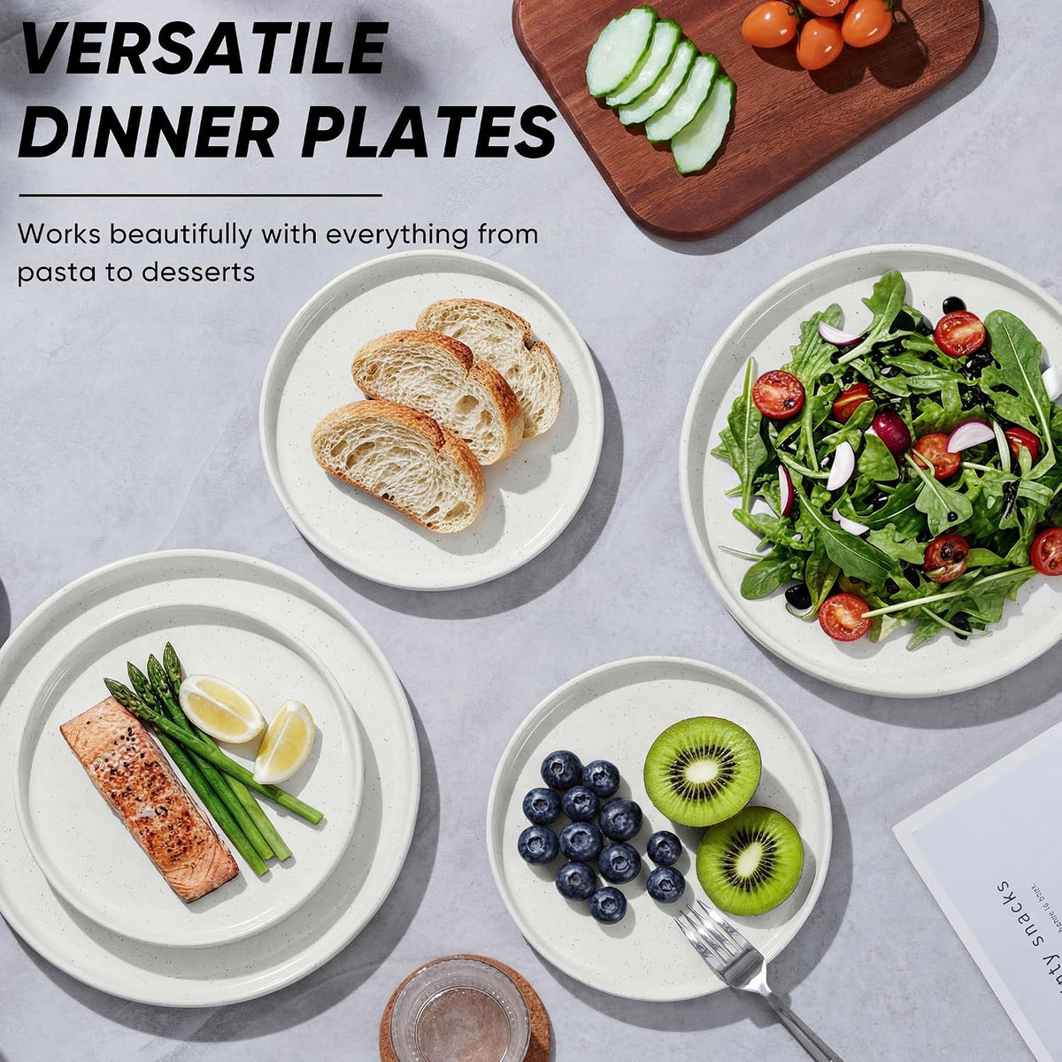 White Dinner Plates Set of 6, 10.5 Inch Stoneware Dinner Plate