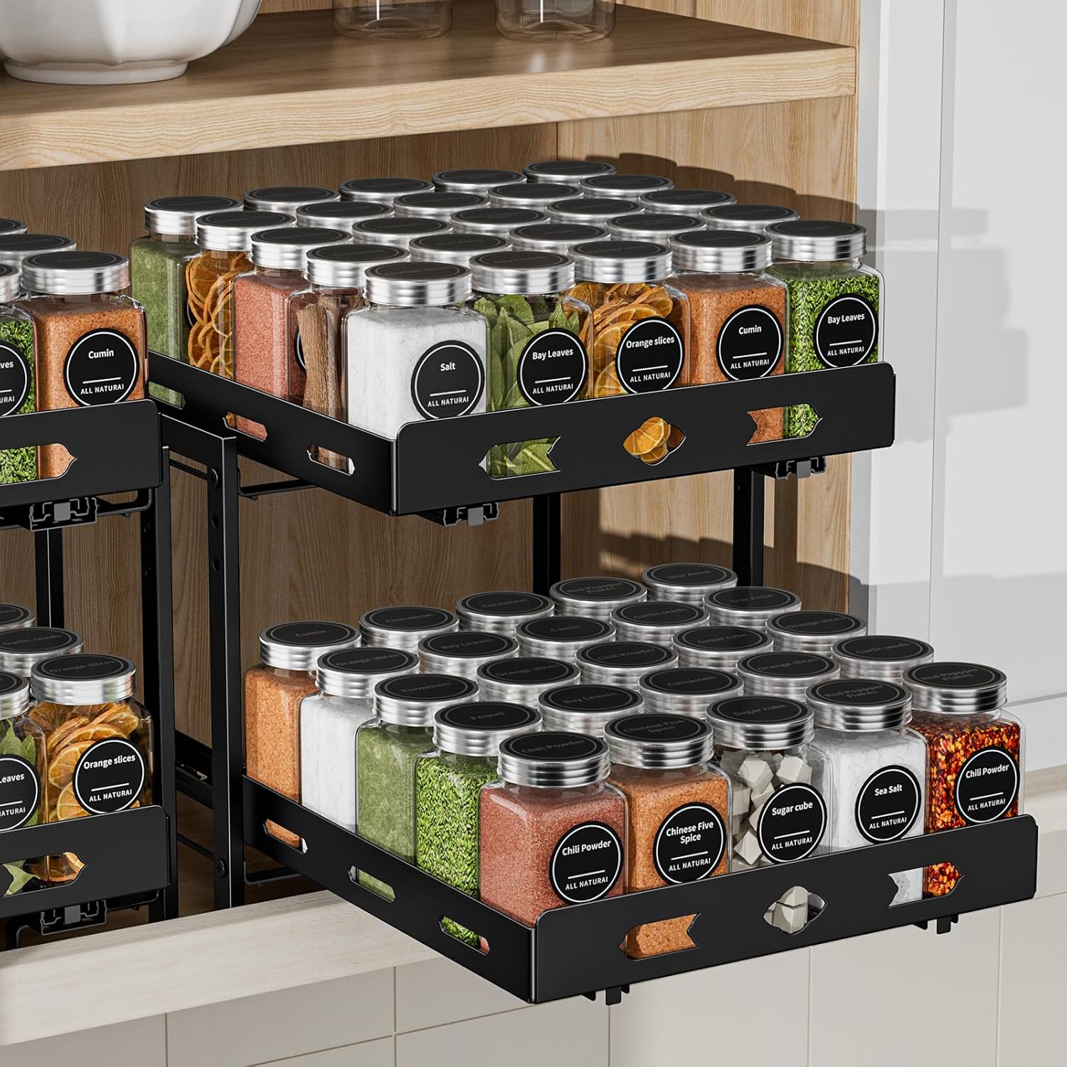 Pull Out Spice Rack Organizer for Cabinet, 2 Tier Cabinet Spice Rack Organizer, Height Adjustable Vertical Spice Rack