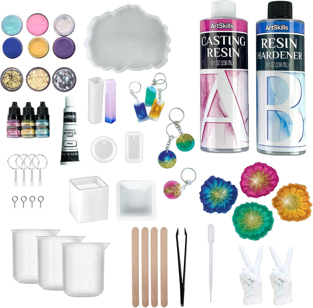 Epoxy Resin Kit for Beginners, Clear Craft Resin Art Kit with Silicone Molds, Alcohol Inks, Glitter, Mica Powder &