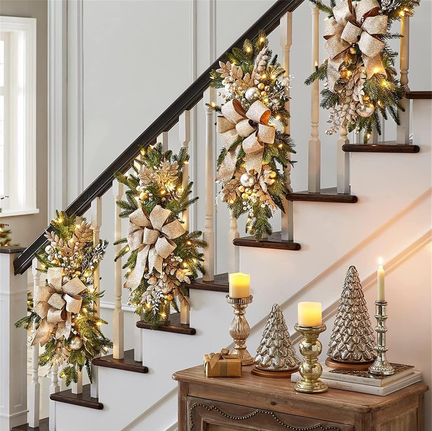 Christmas Teardrop Swag for Outdoor, 24" Prelit Cordless Stair Decorations with Lights, 1 Pcs Artificial Christmas