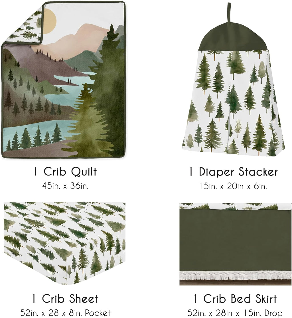 4-Piece Baby Crib Bedding Set (Sage Green Woodland) for Boys or Girls, Infants/Nursery incl. Blanket, Fitted Sheet