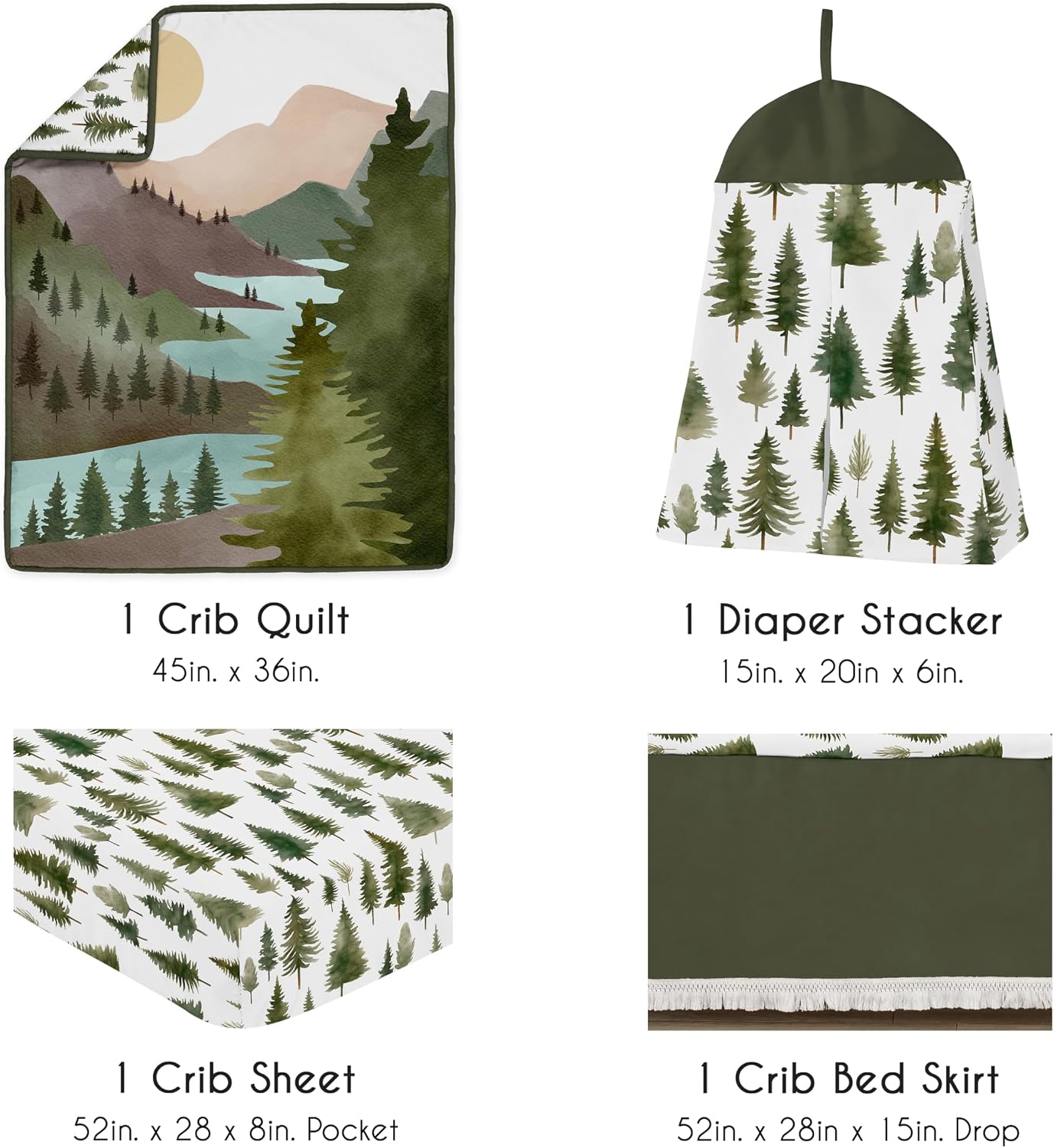 4-Piece Baby Crib Bedding Set (Sage Green Woodland) for Boys or Girls, Infants/Nursery incl. Blanket, Fitted Sheet