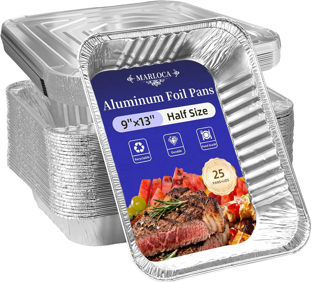 MARLCOA 9x13 Aluminum Pans with Lids (25 Pack) - Disposable Foil Half Pans