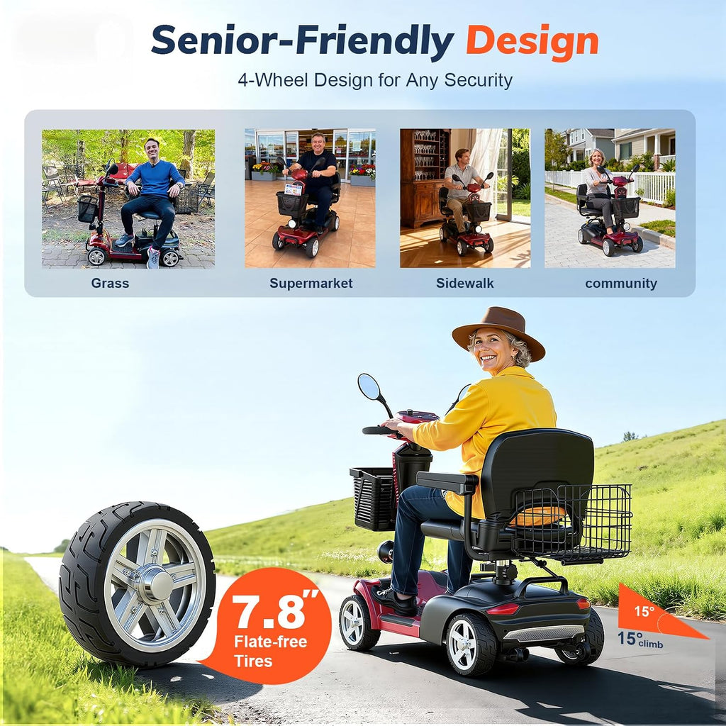 15/25/30/50Miles Eldryvon 4 Wheels Electric Mobility Scooter for Seniors, Dual Basket, 350W Powered Wheelchair with