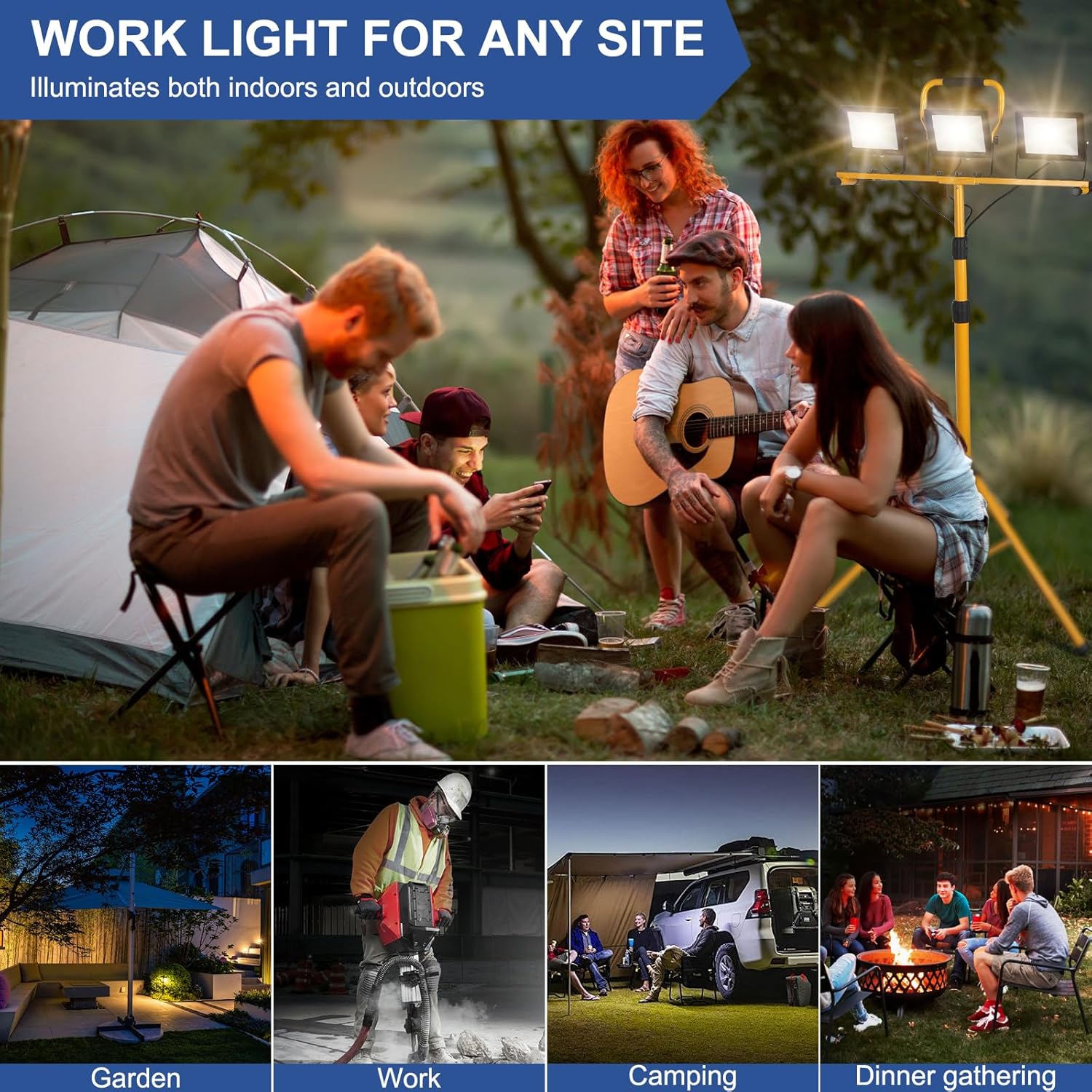 21000Lumens LED Work Lights with Stand, 3 Adjustable Work Lamp Head With Individual Switch, IP66 Waterproof Tripod