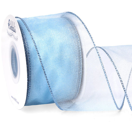 Blue Organza Wired Ribbon, Baby Blue Sheer with Metallic Edge,2-1/2 Inch x 20 Yards Christmas Tree Ribbon for