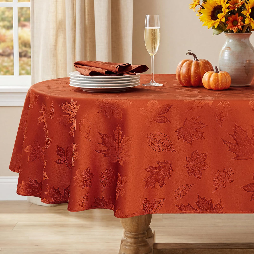 Fall Jacquard Oval Tablecloth, 60 x 84 Inch Burnt Orange