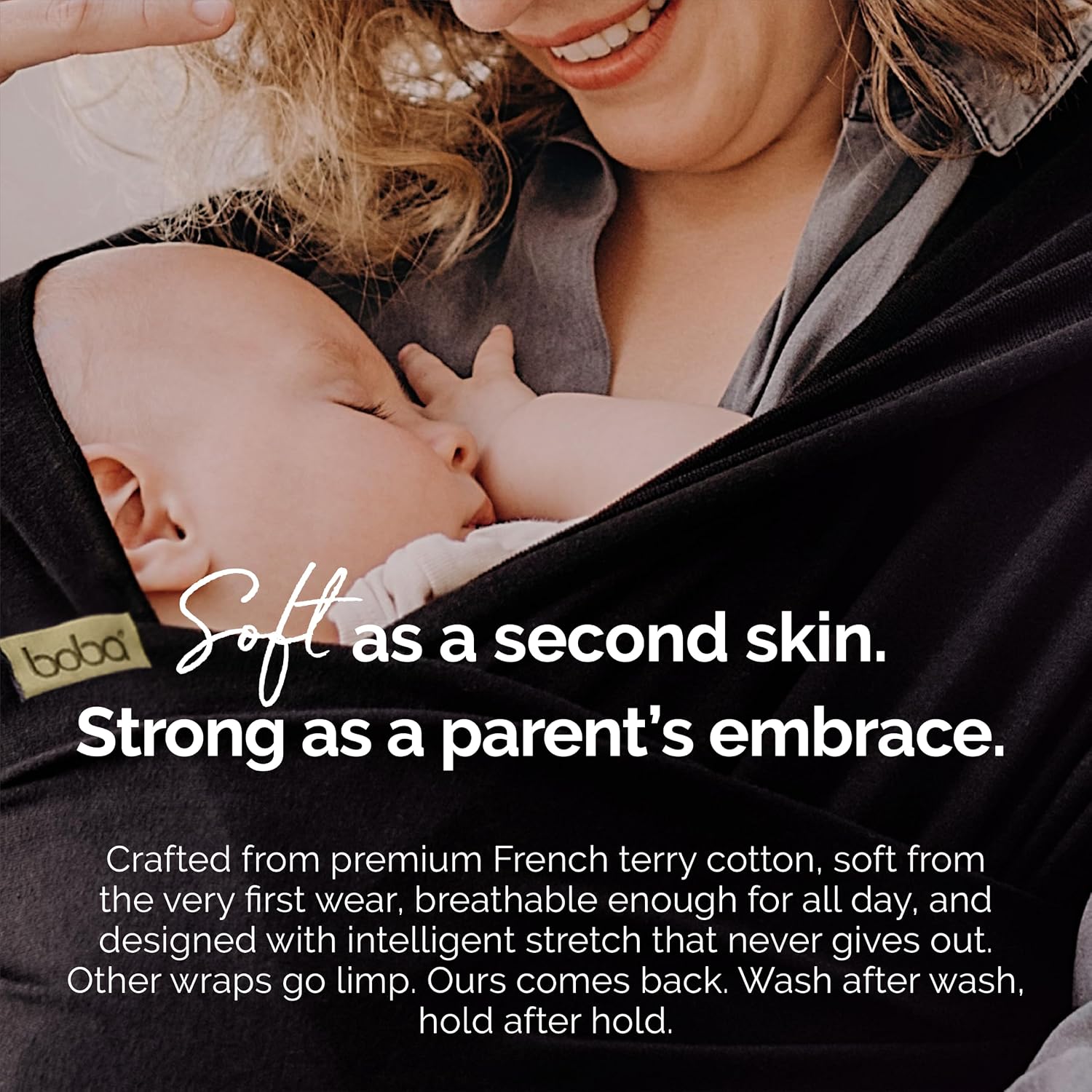 Baby Wrap Carrier - Stretch Cotton Newborn Sling, Black | Breathable, Hands-Free Babywearing Carrier Wrap; ergonomic