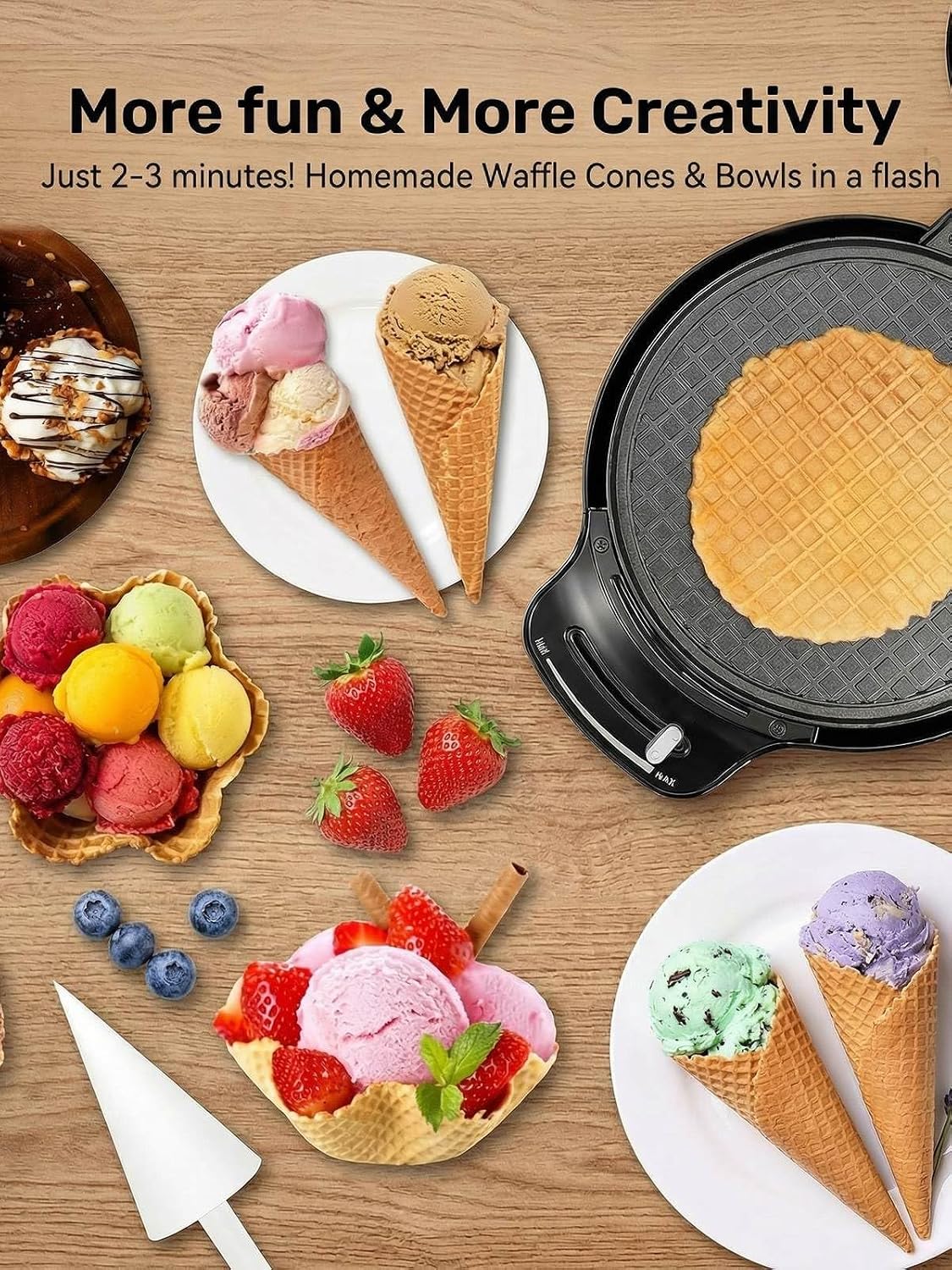 Waffle Cone Maker Machine and Ice Cream Bowl Maker with Temperature Control, Double Side Nonstick Waffle Bowl Maker