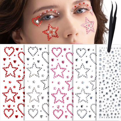Face Gems, Face Rhinestones Star Heart Self Adhesive Hair Gems, Festival Jewels Stickers Stick on, Rave Accessories