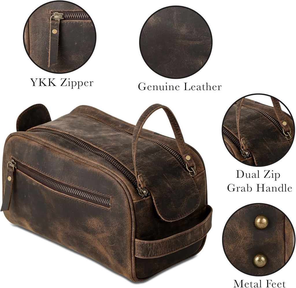 Travel Toiletry Bag – Premium Leather Dopp Kit for Men & Women with Water-Resistant Lining & Spacious Zippered Organizer