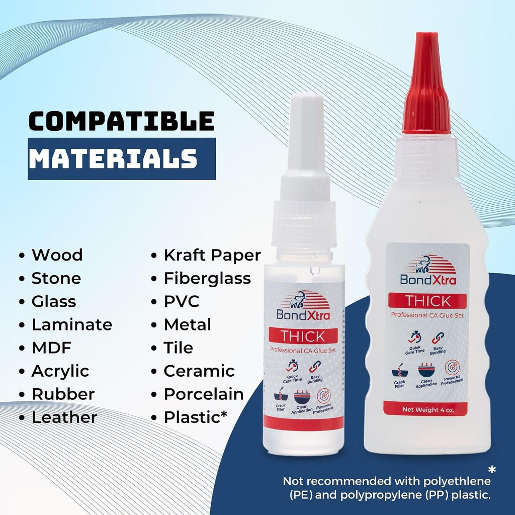 2 oz. Thick CA Glue for Woodworking, Premium Super Glue Kit for Wood Turning with Extra Bottles, Anti Clog Caps