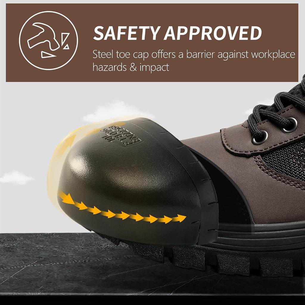 Mens Steel Toe Work Boots Comfortable Slip Resistant Safety Boot Durable Waterproof Lightweigh Construction Shoes