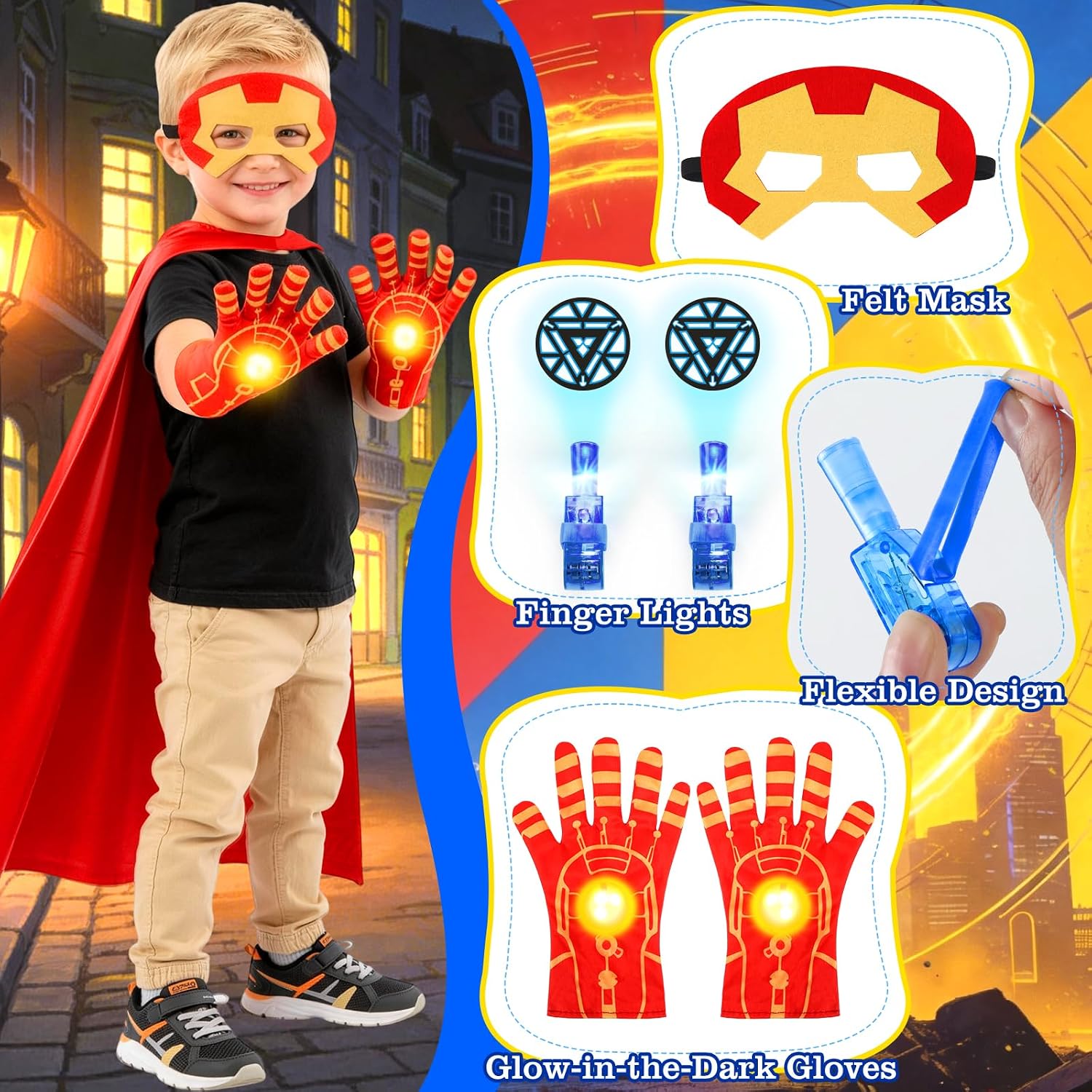 Superhero Capes with Masks,Unique Accessories,for Kids Ages 3-12 | Web Shooters,Shield,Light-Up-Gloves,6 Finger