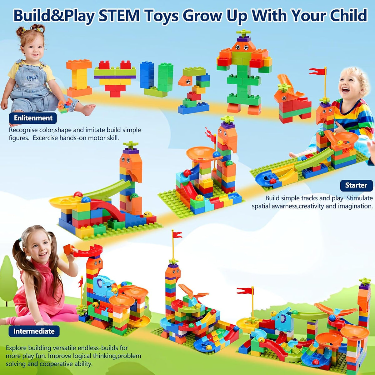 130 Pcs Starter Marble Run Set, Beginner STEM Building Toy