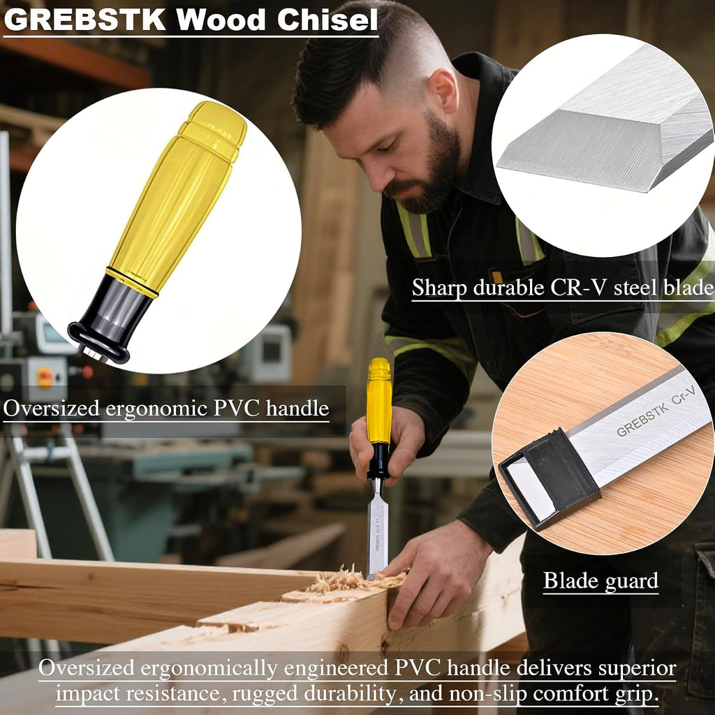 4 Piece Wood Chisel Set CR-V Steel Sharp Bevel Edge for Woodworking | Chromium Vanadium, High Hardness & Durability.