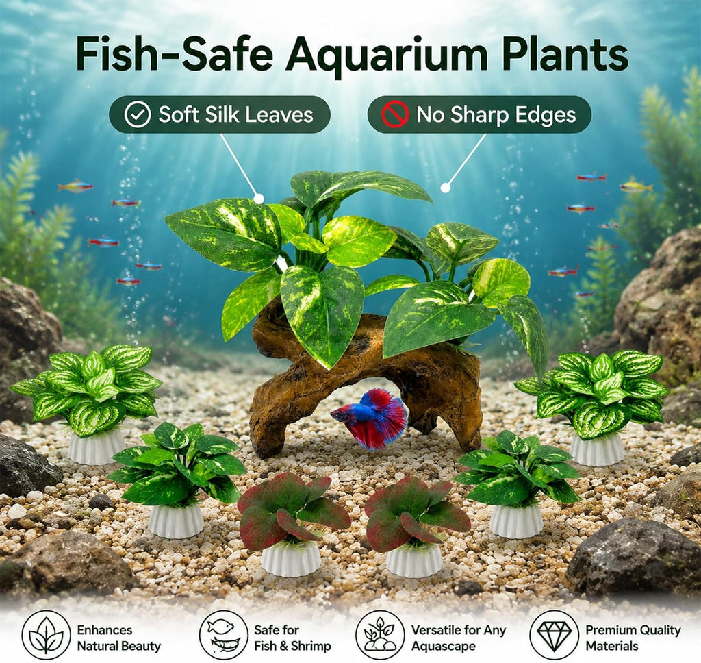 9-Pack Silk Aquarium Plants & Driftwood Cave Fish Tank Decor Accessories | Soft Silk Plants Aquarium Decorations