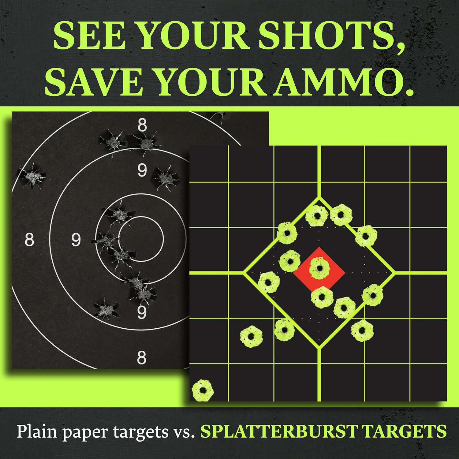 12 x 12 inch Sight in Stick & Splatter Self Adhesive Shooting Targets - Shots Burst Bright Fluorescent Yellow - Great