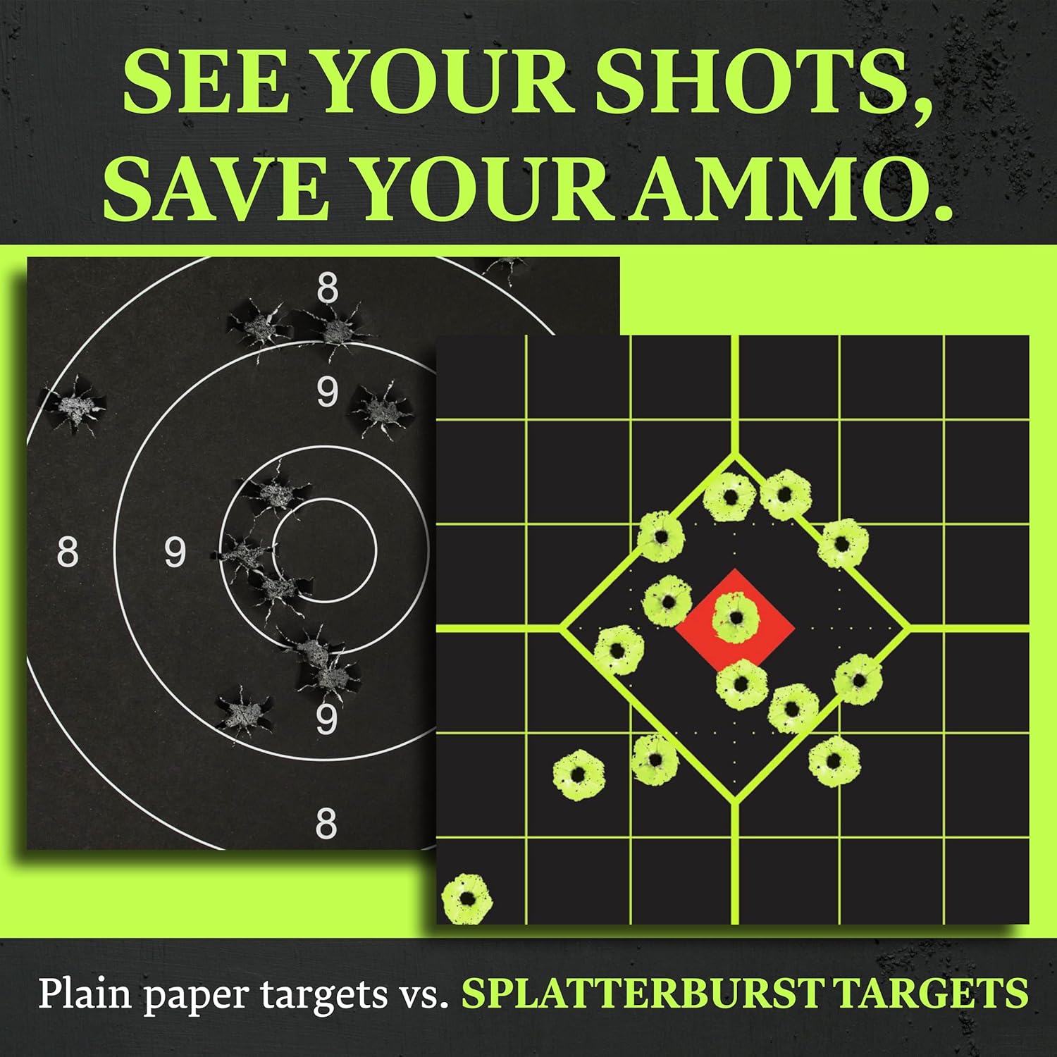 12 x 12 inch Sight in Stick & Splatter Self Adhesive Shooting Targets - Shots Burst Bright Fluorescent Yellow - Great