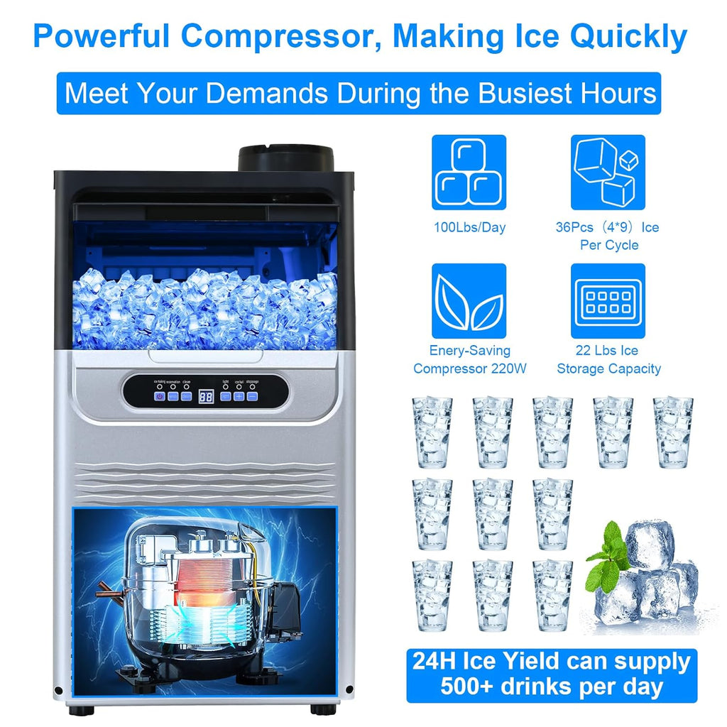 Commercial Ice Maker, 100 lbs/24,22 lbs Storage Bin, 36 Cubes in 12 Mins