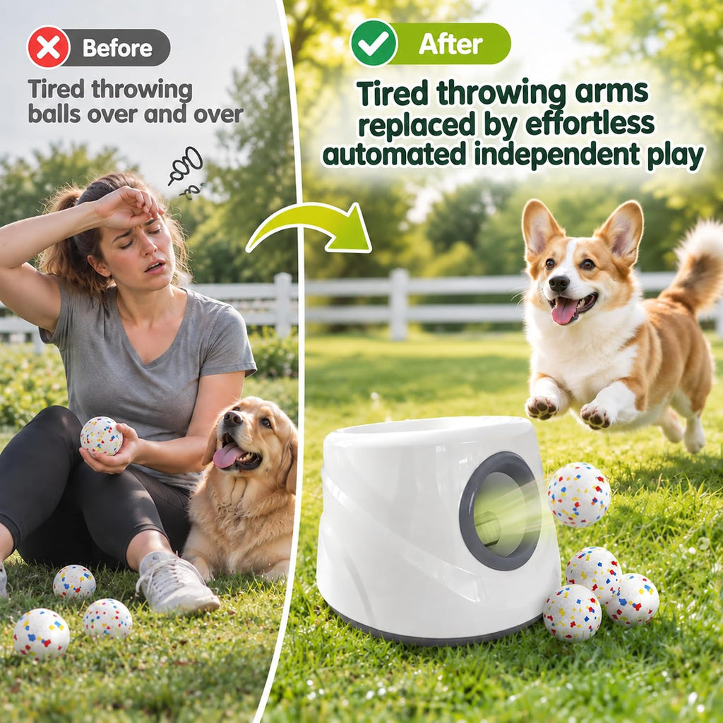 Automatic Ball Launcher for Dogs ，The Upgraded Premium Ball Thrower Adjustable Distance 20-45ft Including 6 PCS