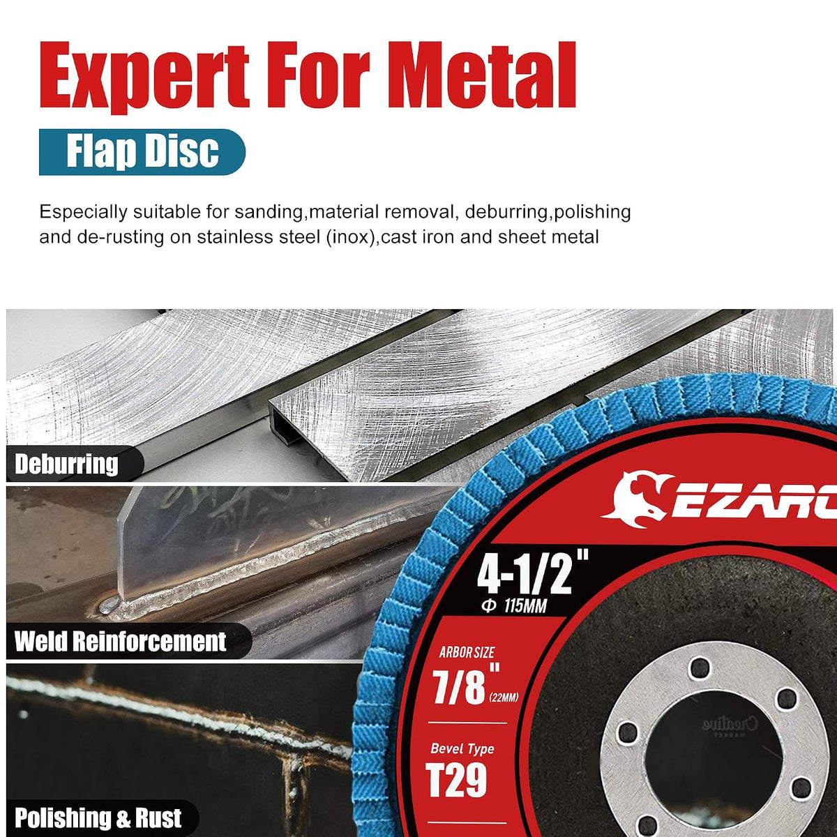 EZARC Zirconia Flap Discs 40/60/80/120 Grit, 4-1/2 x 7/8, Type 29, 20-Pack