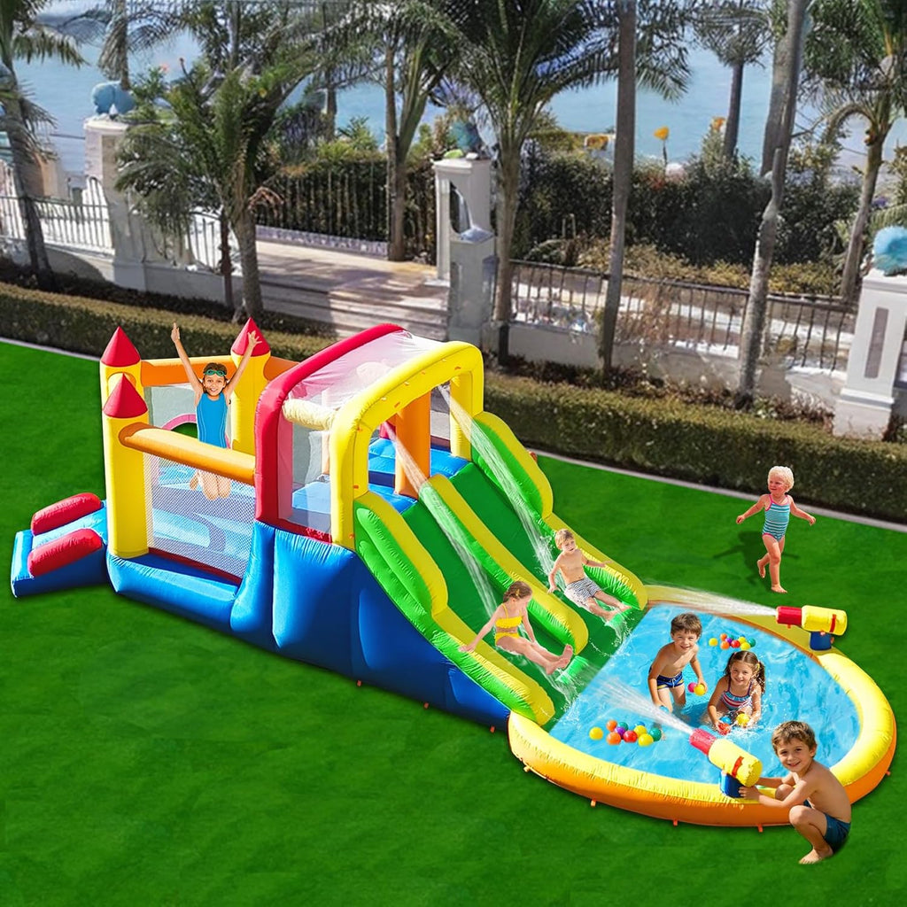 InfIatable Bonuce House with 4 Slides & Large Splash Pool, Water Park with Ultra-Wide Climbing Wall, Jumping, Water