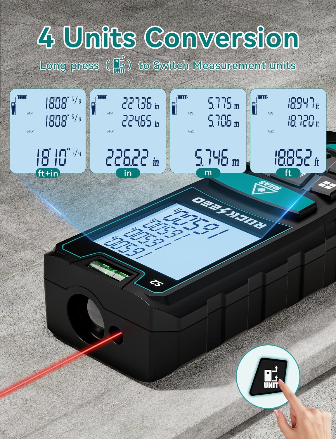 Laser Measure 50M/165ft,RockSeed Digital Laser Distance Meter with 2 Bubble Levels,Portable M/in/Ft Unit Switching