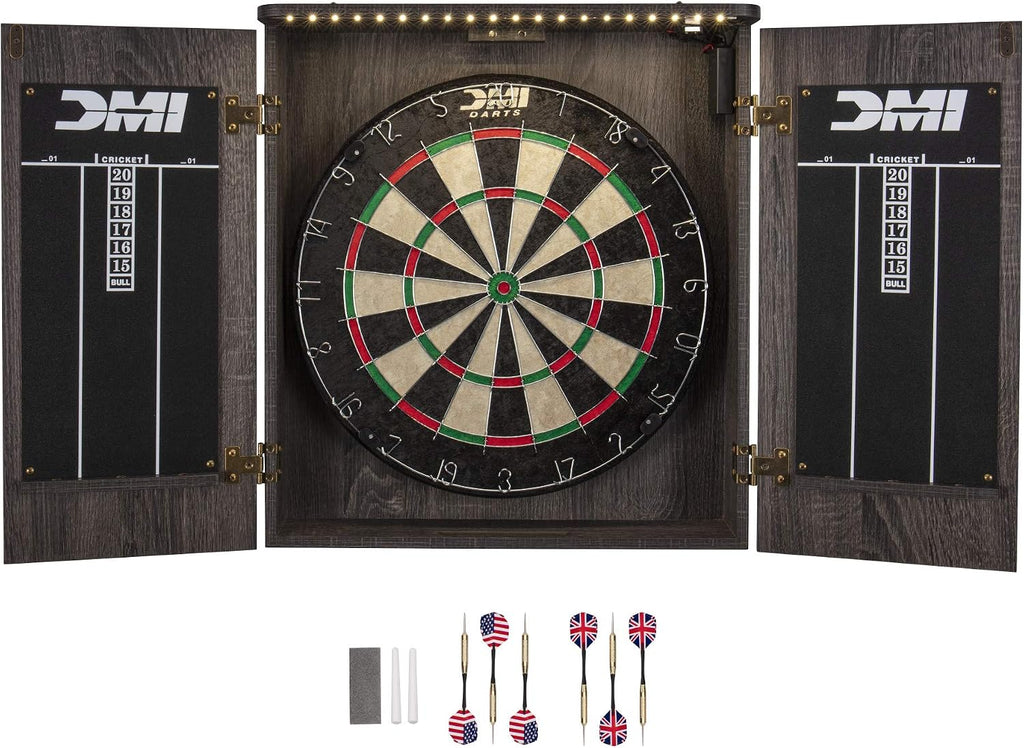 Paris Bristle Dartboard Cabinet Sets - Includes LED Lighting or Electronic Scoring Option, Rustic Grey (D4400W)