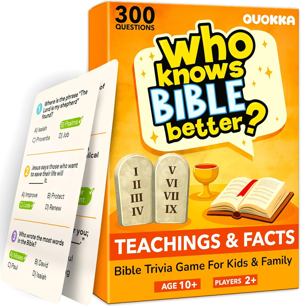 Who Knows Bible Better – Teachings and Facts Card Game with 300 Faith-Based Questions for Kids, Teens, Family Nights