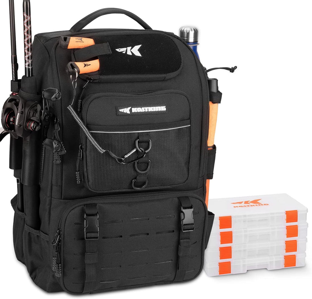 KarryAll Fishing Backpack with Rod Holder 4 Tackle Boxes, 40/26L | Tackle Bag Storage Fishing Gear and Equipment
