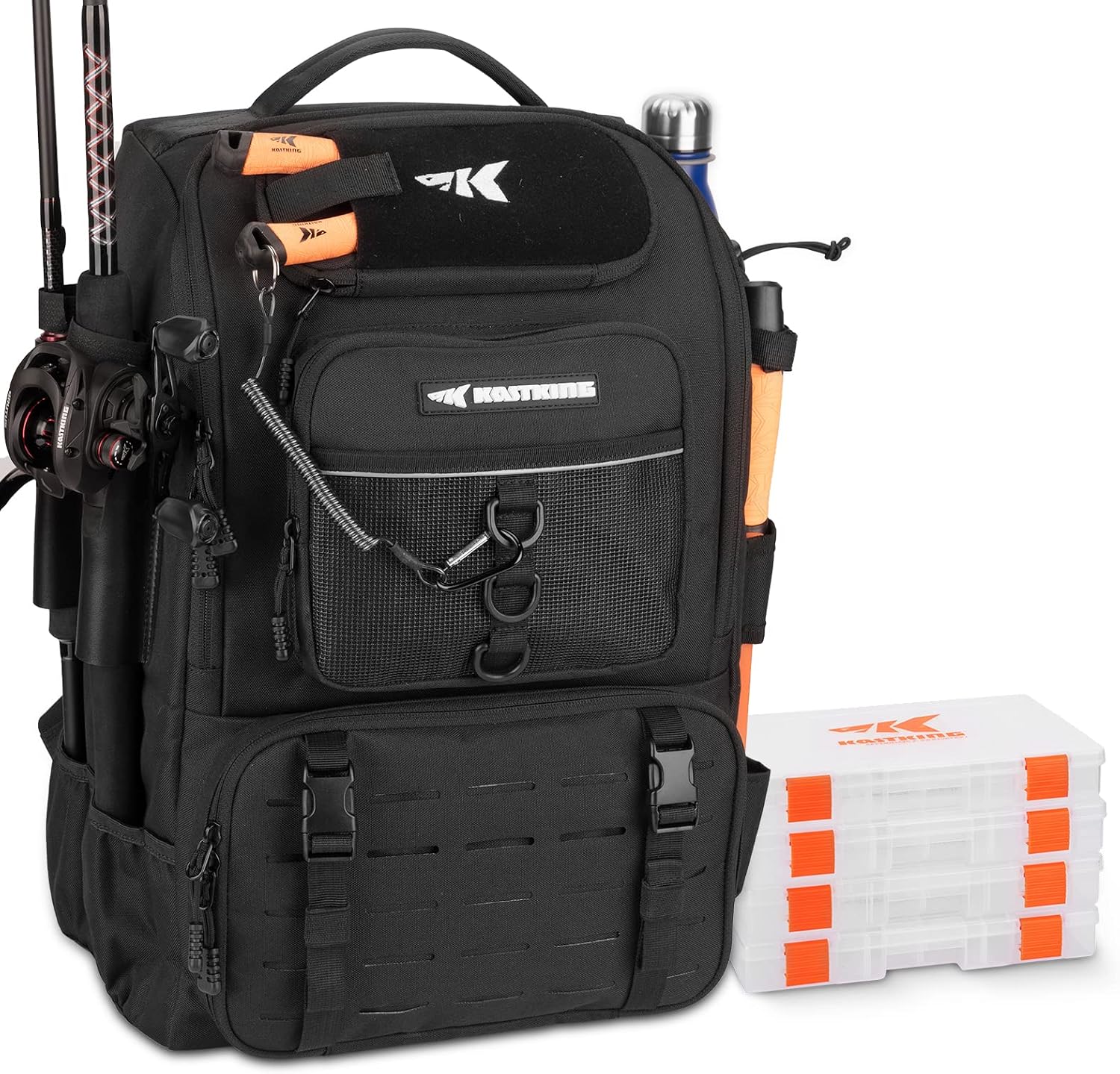KarryAll Fishing Backpack with Rod Holder 4 Tackle Boxes, 40/26L | Tackle Bag Storage Fishing Gear and Equipment